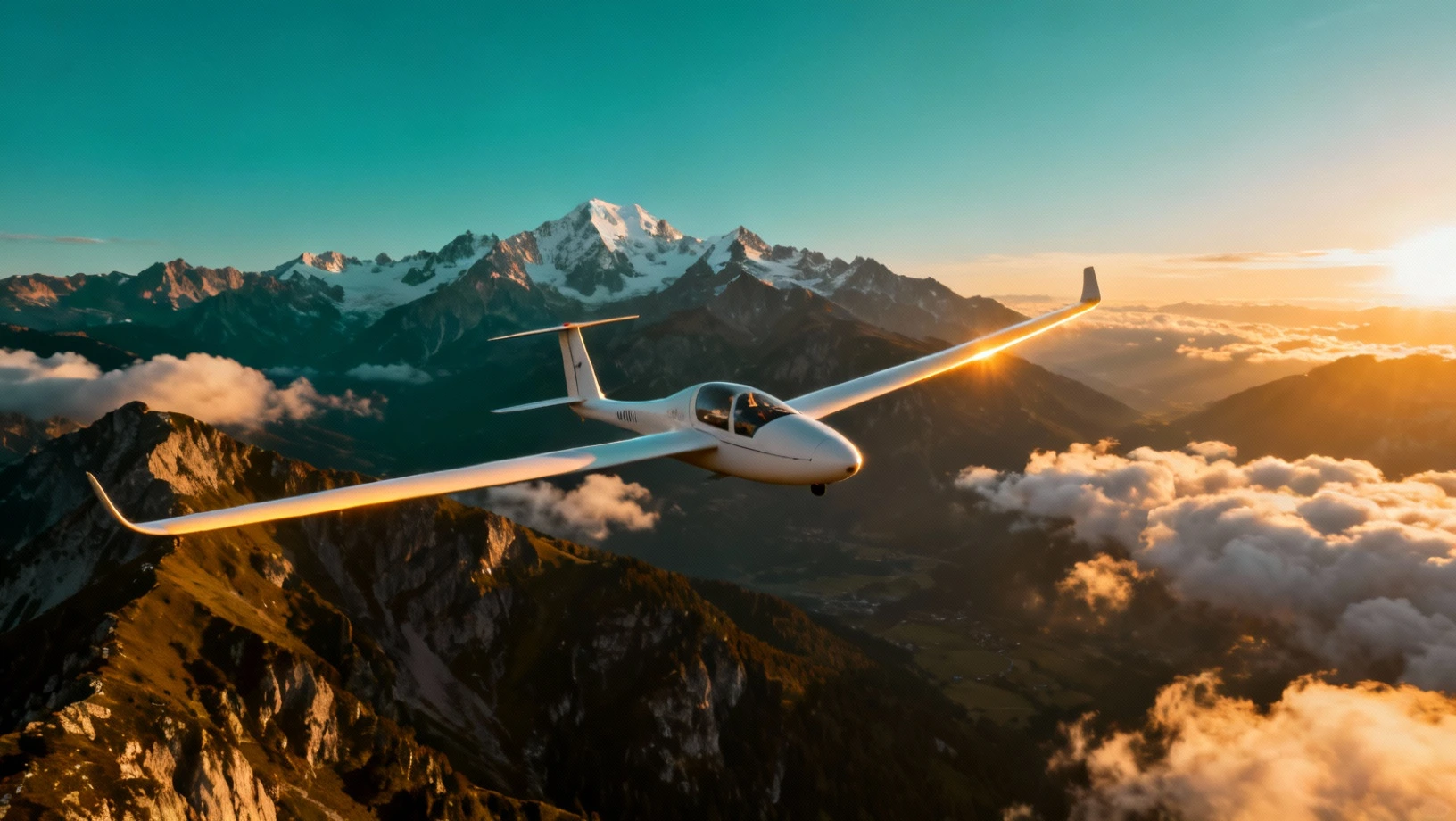 Planeur survolant les montagnes au coucher du soleil