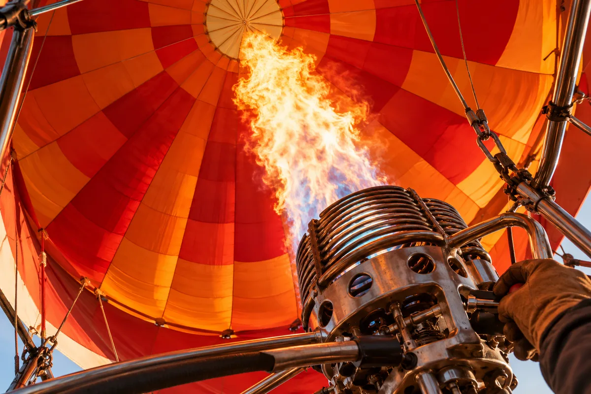 Flamme du brûleur qui chauffe l&rsquo;air de l&rsquo;enveloppe, vue depuis la nacelle