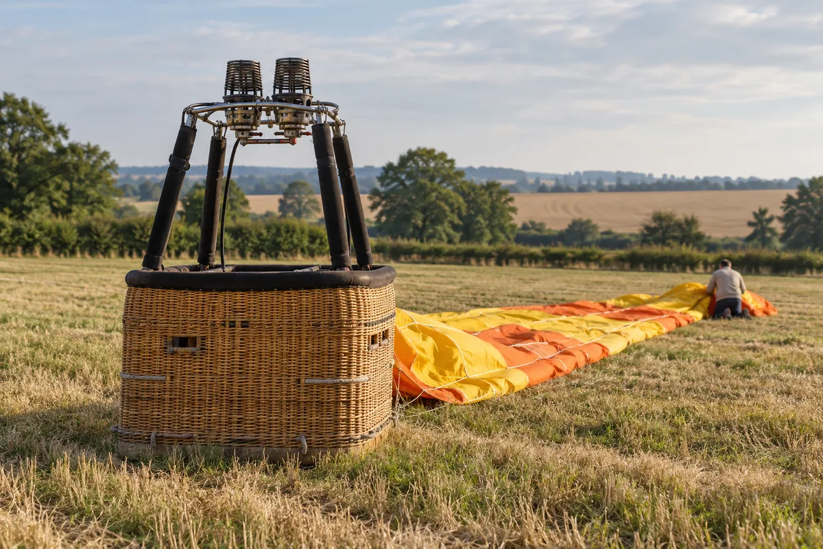 Nacelle en osier posée dans un pré après l&rsquo;atterrissage, enveloppe couchée dans l&rsquo;herbe