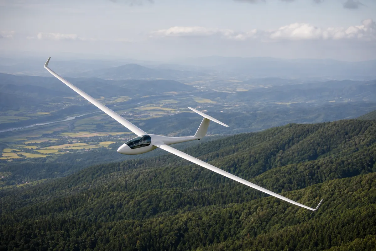 Planeur en virage à basse altitude près d’une crête boisée, vue aérienne extérieure