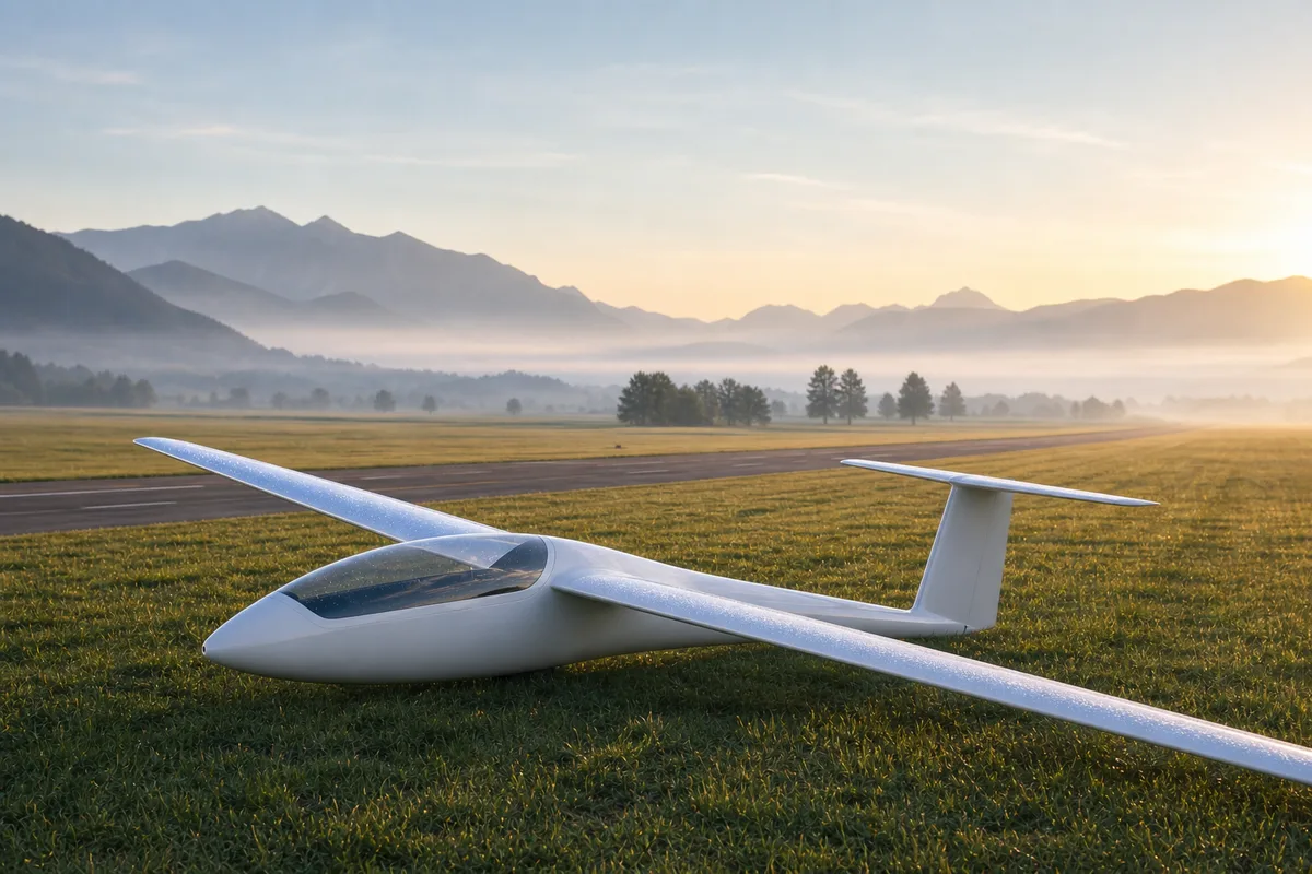 Planeur immobile sur l’herbe d’un aérodrome au lever du jour, calme avant le vol