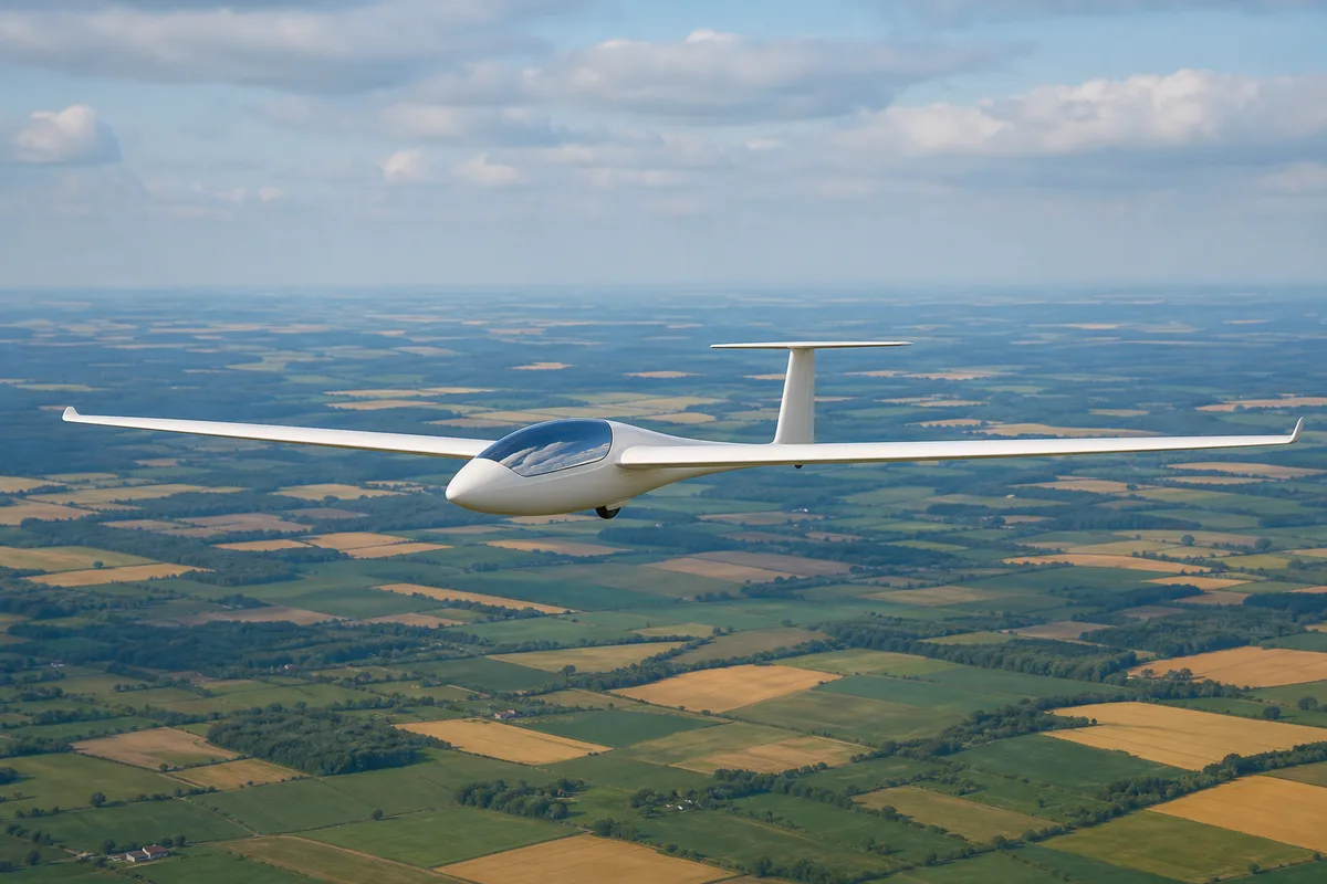 Planeur en vol stable et rectiligne au-dessus de la campagne, formule calme et contemplative