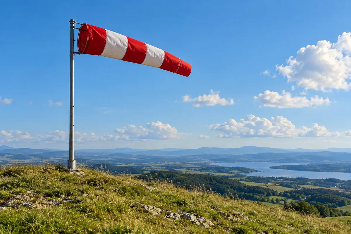 Manche à air gonflée par le vent au sommet d’une colline herbeuse