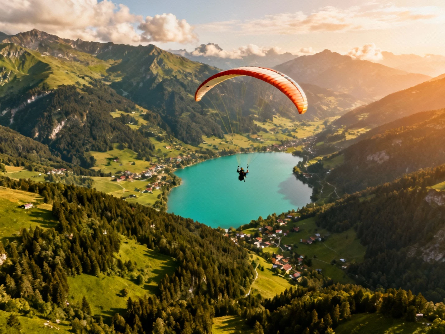 Vue aerienne d'une vallee alpine avec un lac turquoise